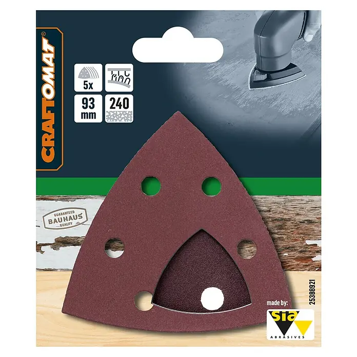 Craftomat Delta-Schleifpapier BFWP - L x B: 93 x 93 mm, 5 Stk., Körnung: 240 - Nahaufnahme von dreieckigen Schleifpapierbögen von Craftomat, geeignet für Deltaschleifer, mit Angaben zu Körnung und Größe.