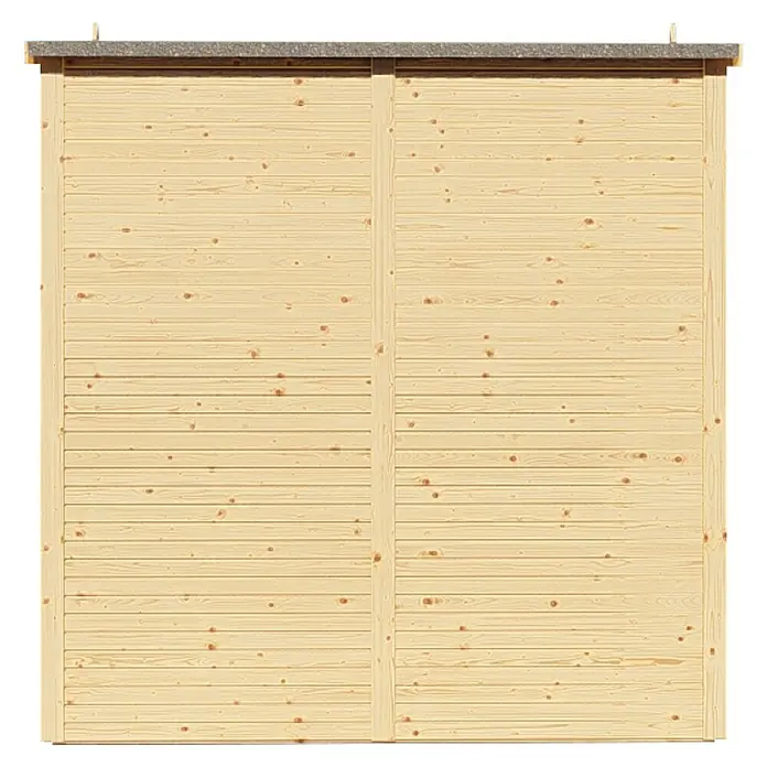 Bertilo Gerätehaus Apex 3 - Außenmaß inkl. Dachüberstand (B x T): 226 x 210 cm, Holz, Natur - Ein Detailaufnahme einer Holzwand mit waagerechten Brettern, die eine rustikale und natürliche Optik bietet. Ideal für Gartenhäuser.