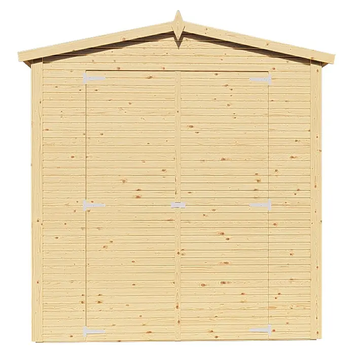 Bertilo Gerätehaus Apex 2 - Außenmaß inkl. Dachüberstand (B x T): 226 x 169 cm, Holz, Natur - Ansicht einer Holzhütte mit Doppeltüren und Spitzdach, ideal für die Gartenlagerung. Robust und langlebig, bietet viel Stauraum im Außenbereich.