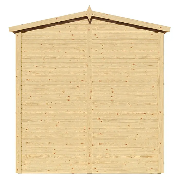 Bertilo Gerätehaus Apex 2 - Außenmaß inkl. Dachüberstand (B x T): 226 x 169 cm, Holz, Natur - Rückansicht eines Holzgartenhauses mit Giebeldach und markanter Holzmaserung, ideal für den Garten.
