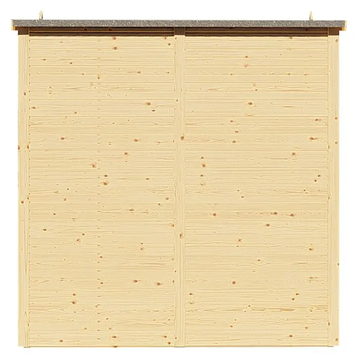 Bertilo Gerätehaus Apex 3 - Außenmaß inkl. Dachüberstand (B x T): 226 x 210 cm, Holz, Natur - Nahaufnahme einer Holzwand mit Brettern und sichtbarer Holzmaserung, ideal für rustikale Designs.