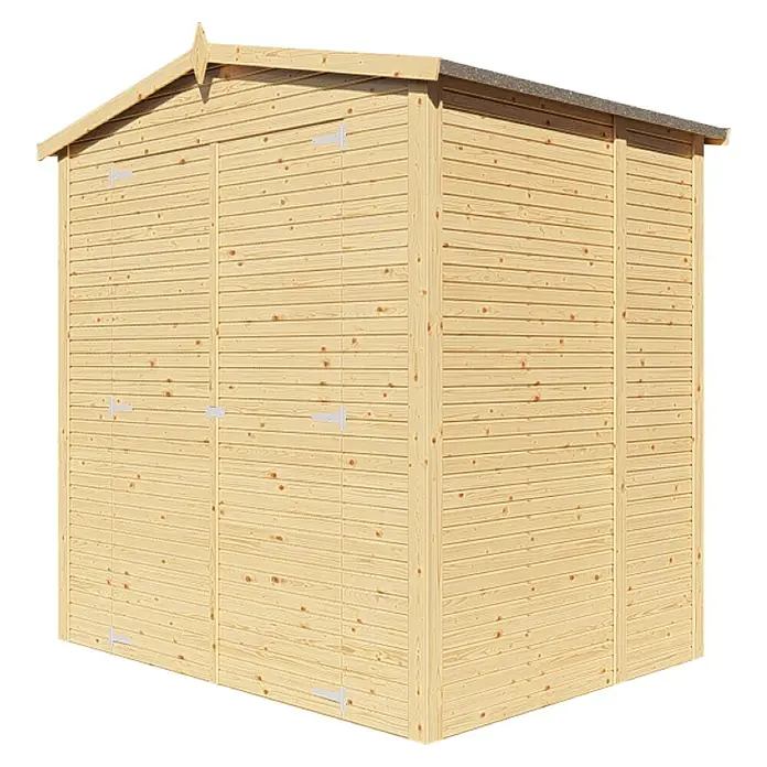 Bertilo Gerätehaus Apex 2 - Außenmaß inkl. Dachüberstand (B x T): 226 x 169 cm, Holz, Natur - Abbildung eines Holzschuppens mit Doppeltüren und Satteldach, ideal für die Aufbewahrung von Gartengeräten.