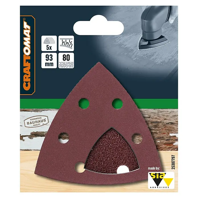 Craftomat Delta-Schleifpapier BFWP - L x B: 93 x 93 mm, 5 Stk., Körnung: 80 - Das Bild zeigt eine Packung Craftomat Schleifpapierblätter in dreieckiger Form für einen Exzenterschleifer.