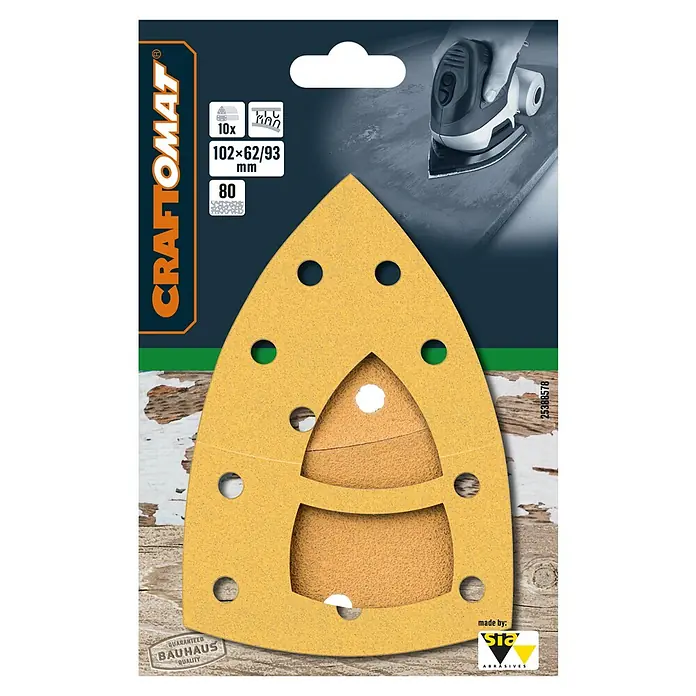 Craftomat Schleifblätter BFWP - L x B: 102 x 62 mm, Körnung: 80, 10 Stk. - Sandpapier-Set für Dreieckschleifer von Craftomat, 10 Stück, Körnung 80, für feine Schleifarbeiten an Holzoberflächen.
