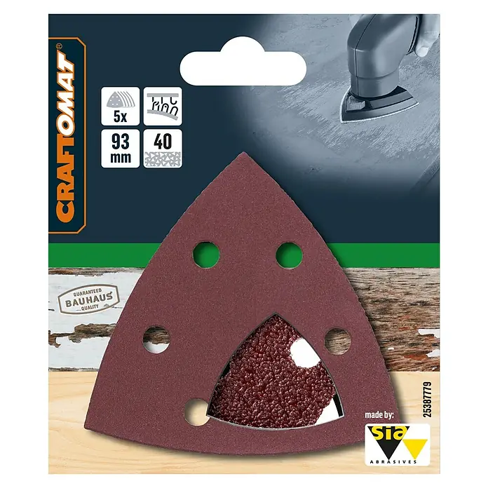 Craftomat Delta-Schleifpapier BFWP - L x B: 93 x 93 mm, 5 Stk., Körnung: 40 - Das Bild zeigt Schleifpapier der Marke Craftomat, geeignet für Dreieckschleifer. Die Packung enthält 5 Schleifpapiere mit einer Größe von 93 x 40 mm.