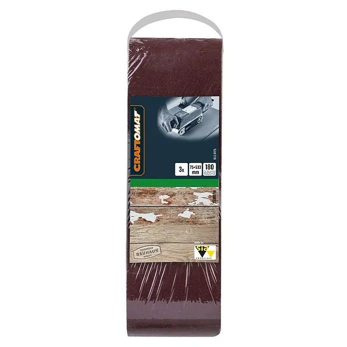 Craftomat Schleifband BFWP - L x B: 533 x 75 mm, Körnung: 180, 3 Stk. - Das Bild zeigt Schleifbänder von Crafomat, 3 Stück, mit den Maßen 75x533mm und einer Körnung von 180, verpackt in Folie.