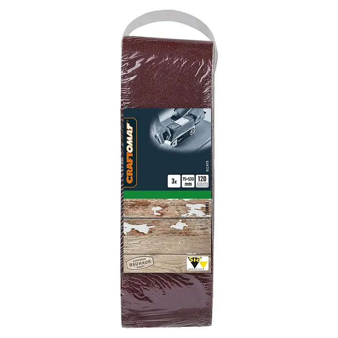 Craftomat Schleifband BFWP - L x B: 533 x 75 mm, Körnung: 120, 3 Stk. - Schleifbänder von Craftomat mit Körnung 120. Die Packung enthält 3 Bänder mit den Maßen 75 x 533 mm, ideal für Bandschleifer.