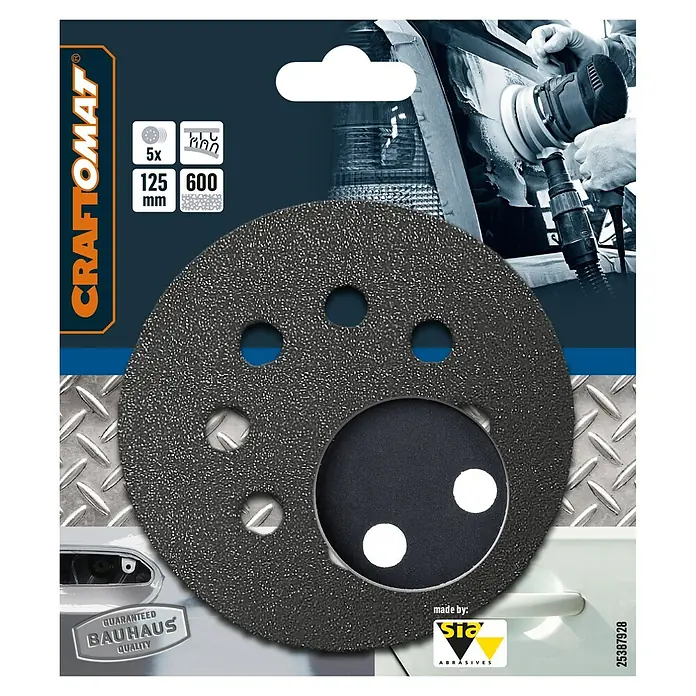Craftomat Schleifblätter BFCC - Durchmesser: 125 mm, Körnung: 600, Gelocht - Ein CRAFTOMAT Schleifscheibe mit 125 mm Durchmesser und einer Körnung von 600, ideal zum Schleifen von Oberflächen.