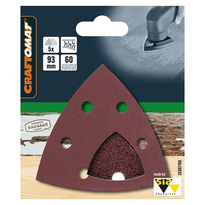 Craftomat Delta-Schleifpapier BFWP - L x B: 93 x 93 mm, 5 Stk., Körnung: 60 - Bild einer Packung Craftomat Schleifpapier, dreieckig mit Löchern, geeignet für Deltaschleifer, hergestellt von Sia Abrasives, ideal für präzises Schleifen.
