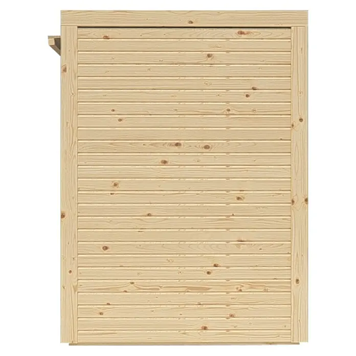 Bertilo Geräteschrank - Natur - Nahaufnahme einer Holzwand mit horizontalen Brettern und sichtbaren Astlöchern, die eine rustikale und natürliche Optik bietet.
