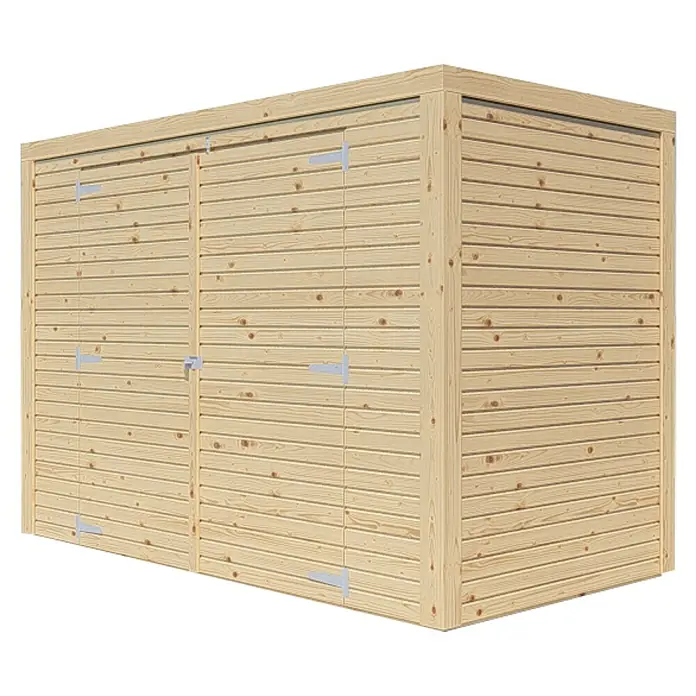 Bertilo Geräteschrank - Natur - Abbildung eines geräumigen Holzschuppens, ideal für die Gartenaufbewahrung, mit Doppel-Schwingtüren und massiver Bauweise.
