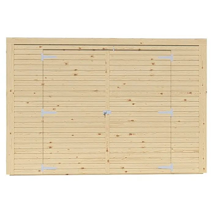 Bertilo Geräteschrank - Natur - Holztüren einer Gartenhütte mit horizontalen Brettern und weißen Beschlägen, die einen rustikalen und stabilen Eindruck vermitteln.