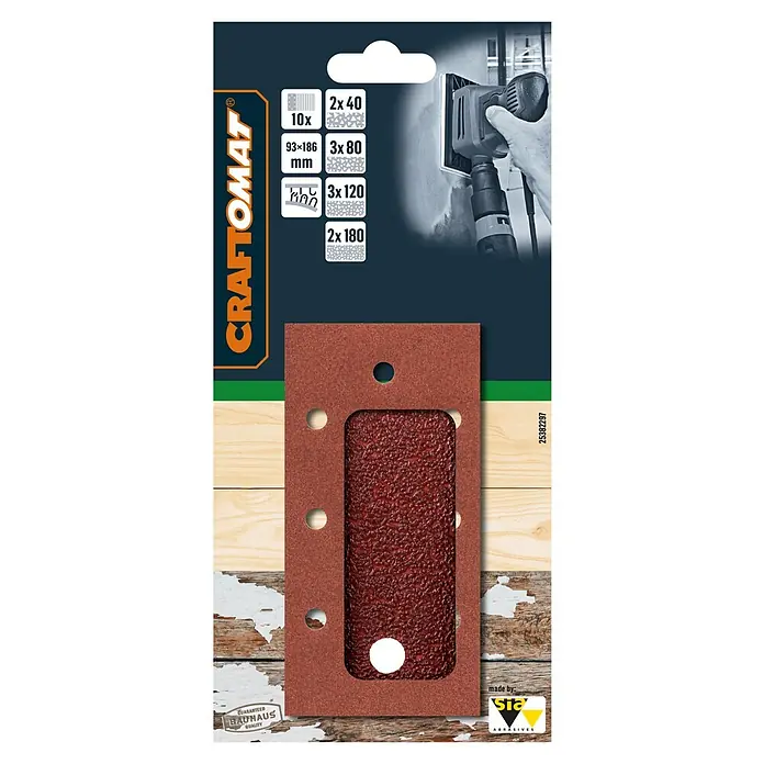 Craftomat Schleifblätter-Set - L x B: 186 x 93 mm, 10 Stk., Klettverschluss - Das Bild zeigt Schleifpapier von CRAFTOMAT, geeignet für verschiedene Körnungen, ideal zum Schleifen von Oberflächen mit einem Schleifgerät.