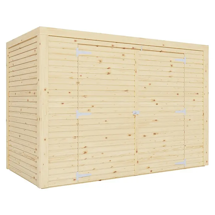 Bertilo Geräteschrank - Natur - Ein geräumiges Gerätehaus aus hellem Holz mit Doppeltüren und stabilen Scharnieren bietet viel Stauraum für den Garten.