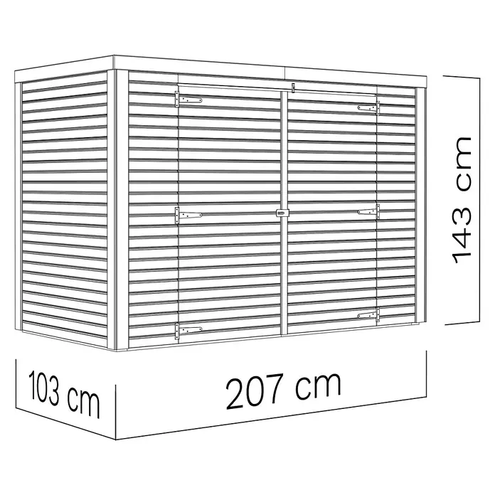 Bertilo Geräteschrank - Natur - Abbildung eines Geräteschranks mit den Maßen 103 cm Tiefe, 207 cm Breite und 143 cm Höhe.