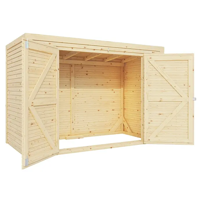 Bertilo Geräteschrank - Natur - Geräumiges Holzgartenhaus mit offenen Doppeltüren, ideal zur Aufbewahrung von Gartengeräten und -möbeln.