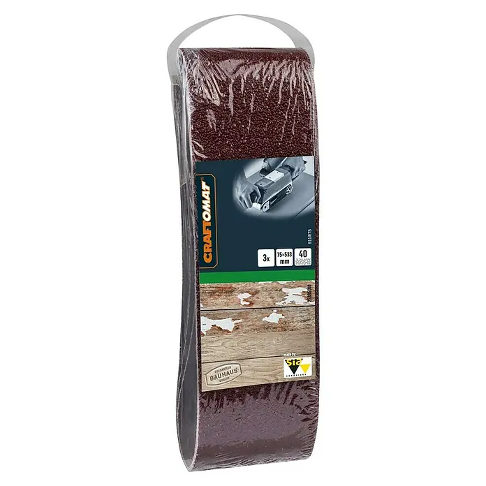 Craftomat Schleifband BFWP - L x B: 533 x 75 mm, Körnung: 40, 3 Stk. - Eine Packung Craftomat Schleifbänder, Körnung 40, Abmessung 75x533 mm, ideal für Bandschleiferarbeiten an Holzoberflächen, verpackt mit Tragegriff.