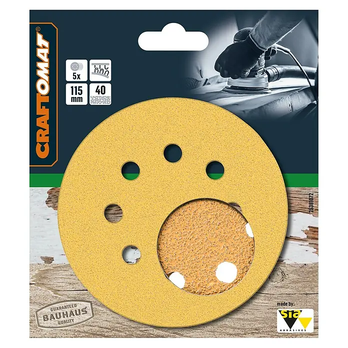 Craftomat Schleifblätter BFWP - Durchmesser: 115 mm, Körnung: 40, Gelocht - Nahaufnahme eines Schleifpapiers von CRAFTOMAT, geeignet für 115 mm Schleifmaschinen, Körnung 40, ideal für Holzbearbeitungsprojekte.