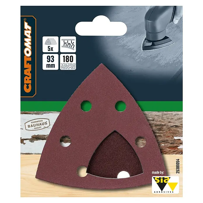 Craftomat Delta-Schleifpapier BFWP - L x B: 93 x 93 mm, 5 Stk., Körnung: 180 - Abbildung eines CRAFTOMAT Schleifpapiers, dreieckig mit Löchern, 5 Stück, Körnung 180, 93 mm, hergestellt von SIA Abrasives.