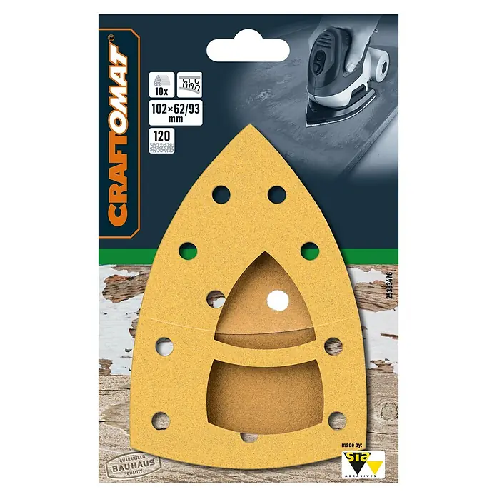 Craftomat Schleifblätter BFWP - L x B: 102 x 62 mm, Körnung: 120, 10 Stk. - Packung Craftomat Schleifpapier für Dreieckschleifer, 10 Stück, Körnung 120, Maße 102x62/93 mm, geeignet für Holz und andere Materialien.