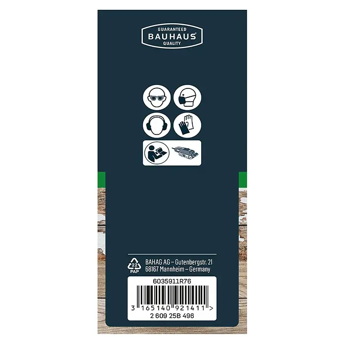 Craftomat Lija de banda - L x An: 533 x 75 mm, Grano: 60, 3 ud. - Embalaje del producto con información de seguridad, garantía de calidad Bauhaus, símbolo de reciclaje y código de barras.