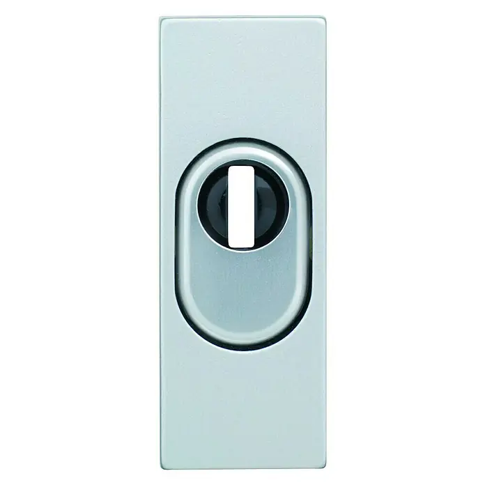Abus Sicherheitsrosette RSZS 316 - Metalltür, Aluminium, Stärke Schild/ Rosette: 16 mm - Ein silberfarbener Fenstergriff mit ovalem Ausschnitt und einem schwarzen Knopf in der Mitte. Perfekt für moderne Fenster.