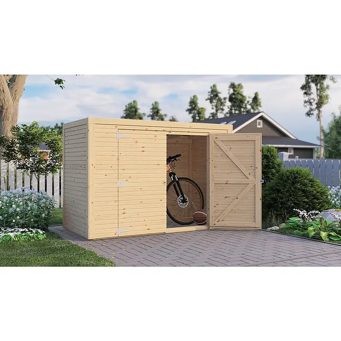 Bertilo Geräteschrank - Natur - Geräumiger Holzschuppen mit geöffneten Türen, darin ein Fahrrad und ein Basketball, ideal für die Gartenaufbewahrung.