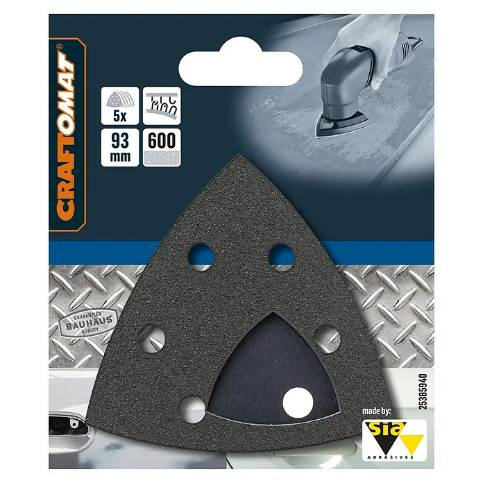 Craftomat Delta-Schleifpapier BFCC - L x B: 93 x 93 mm, 5 Stk., 600 - Packung dreieckiger Schleifpapierbögen von Craftomat, Körnung 600, Abmessung 93 mm, 5 Stück, für Dreieckschleifer.
