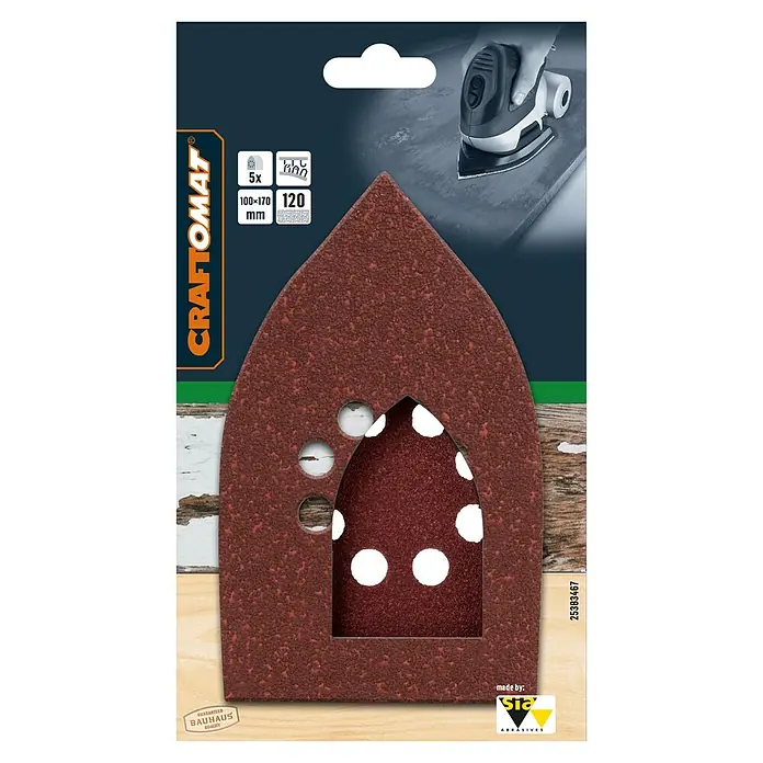 Craftomat Schleifblätter EFWP - L x B: 170 x 100 mm, Körnung: 120, 5 Stk. - Eine Packung Craftomat Schleifpapier für Dreieckschleifer mit Körnung 120, ideal für Holz- und Metallbearbeitung mit Staubabsaugung.