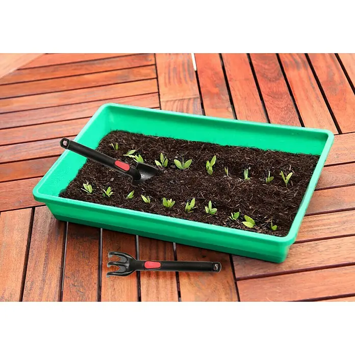 Floraworld Anzuchtschale - 38 x 24 x 6 cm, Grün - Nahaufnahme einer grünen Pflanzschale mit Erde, Setzlingen und Gartengeräten. Die Gartengeräte liegen neben der Schale auf Holzdielen.