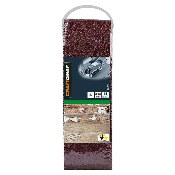Craftomat Schleifband BFWP - L x B: 533 x 75 mm, Körnung: 40, 3 Stk. - Schleifband-Set von Craftomat, 3 Stück, Körnung 40, für Bandschleifer. Ideal zum Bearbeiten von Holz und Metall.