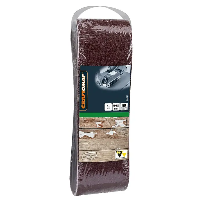 Craftomat Schleifband BFWP - L x B: 533 x 75 mm, Körnung: 60, 3 Stk. - Sandpapierband für Bandschleifer, 75x533 mm, 60er Körnung, 3 Stück, ideal für Holzbearbeitung und Schleifarbeiten.