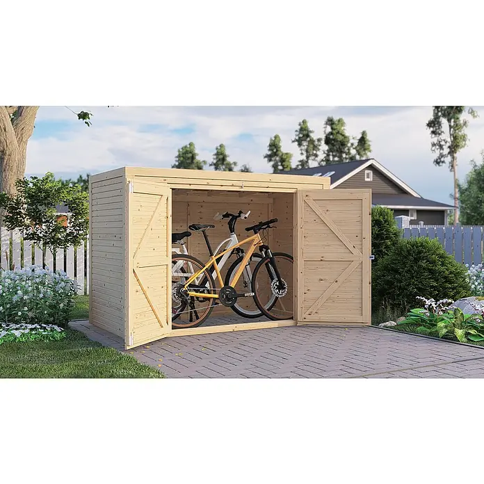 Bertilo Geräteschrank - Natur - Ein geräumiger Fahrradschuppen aus Holz mit zwei Fahrrädern darin, der sich perfekt für die sichere Aufbewahrung eignet und vor Witterungseinflüssen schützt.