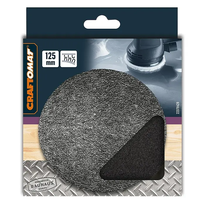 Craftomat Polierschwamm Klett - Durchmesser Scheibe: 130 mm - Nahaufnahme einer 125mm Craftomat Schleifscheibe mit Kletthaftung, ideal für Schleifarbeiten.