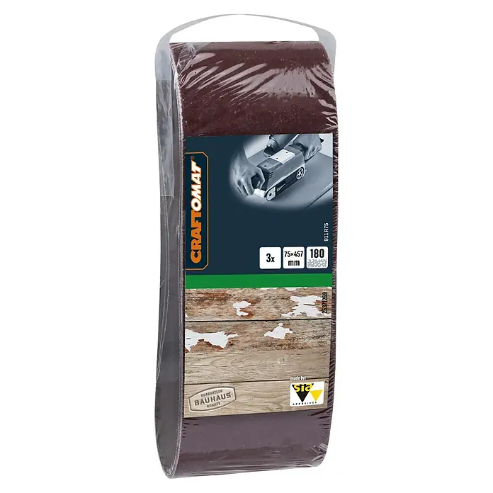 Craftomat Lija de banda - L x An: 457 x 75 mm, Grano: 180, 3 ud. - Imagen de un juego de cinturones de lija Craftomat con tres cinturones de grano 180 de 75x457mm, ideal para tareas de lijado.