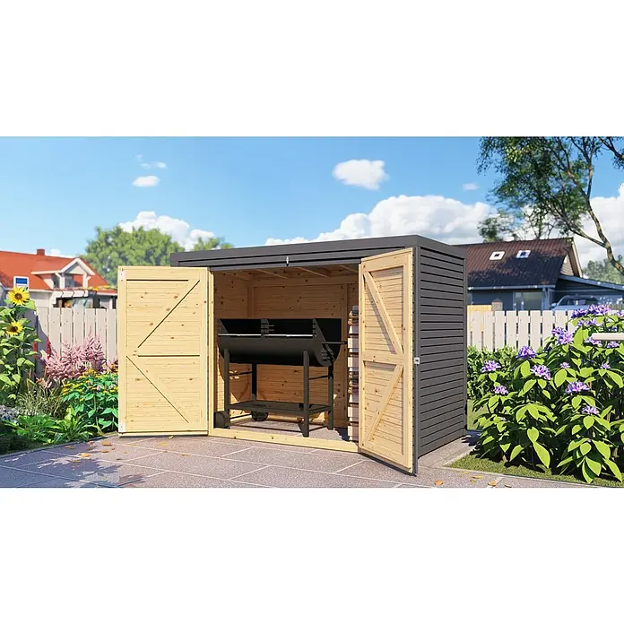 Bertilo Geräteschrank - Anthrazitgrau - Geräumiger Grillunterstand aus Holz und Metall mit Doppeltüren für den Außenbereich.
