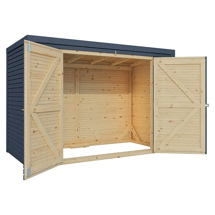 Bertilo Geräteschrank - Anthrazitgrau - Dieses Bild zeigt ein geräumiges Gartenhaus mit offenen Holztüren, ideal zur Aufbewahrung von Gartengeräten und Zubehör.