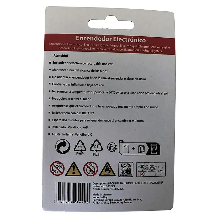 BAUHAUS Encendedor - 3 ud. - Embalaje de un encendedor electrónico con advertencias de seguridad e información de reciclaje.