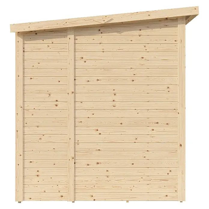 Bertilo Gerätehaus Amrum 3 - Außenmaß inkl. Dachüberstand (B x T): 251 x 199 cm, Holz, Natur - Außenansicht eines Holzschuppens mit horizontaler Holzverkleidung und schrägem Dach, ideal für Gartenlagerung.