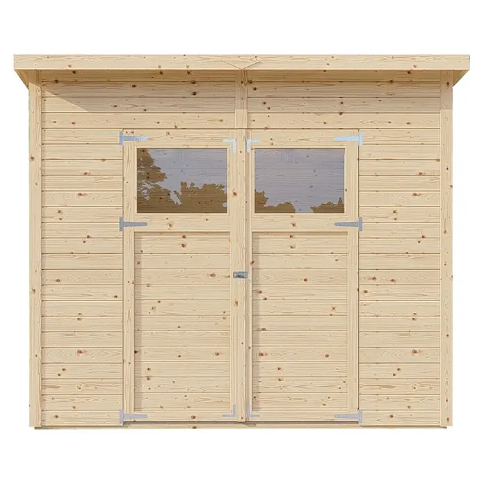 Bertilo Gerätehaus Amrum 3 - Außenmaß inkl. Dachüberstand (B x T): 251 x 199 cm, Holz, Natur - Vorderansicht eines Holzschuppens mit Doppeltüren und kleinen Fenstern, ideal für die Gartenaufbewahrung.