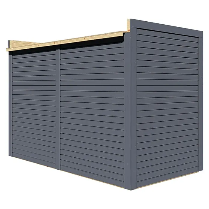 Bertilo Geräteschrank - Anthrazitgrau - Diese Aufnahme zeigt ein modernes, graues Sichtschutzelement mit horizontaler Holzverkleidung und hellem Holzrahmen, ideal für den Garten.