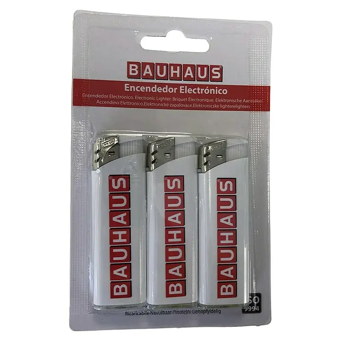 BAUHAUS Encendedor - 3 ud. - Paquete de tres encendedores electrónicos Bauhaus, recargables y con el logotipo de Bauhaus.