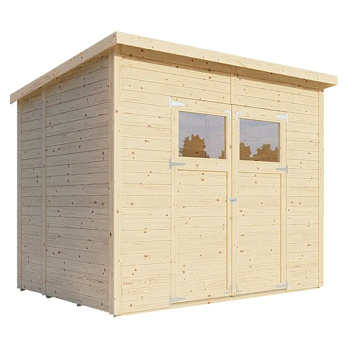 Bertilo Gerätehaus Amrum 3 - Außenmaß inkl. Dachüberstand (B x T): 251 x 199 cm, Holz, Natur - Bild eines Holzschuppens mit Doppeltür und Fenstern, ideal für die Gartenaufbewahrung und den Werkzeugschutz vor Witterungseinflüssen.