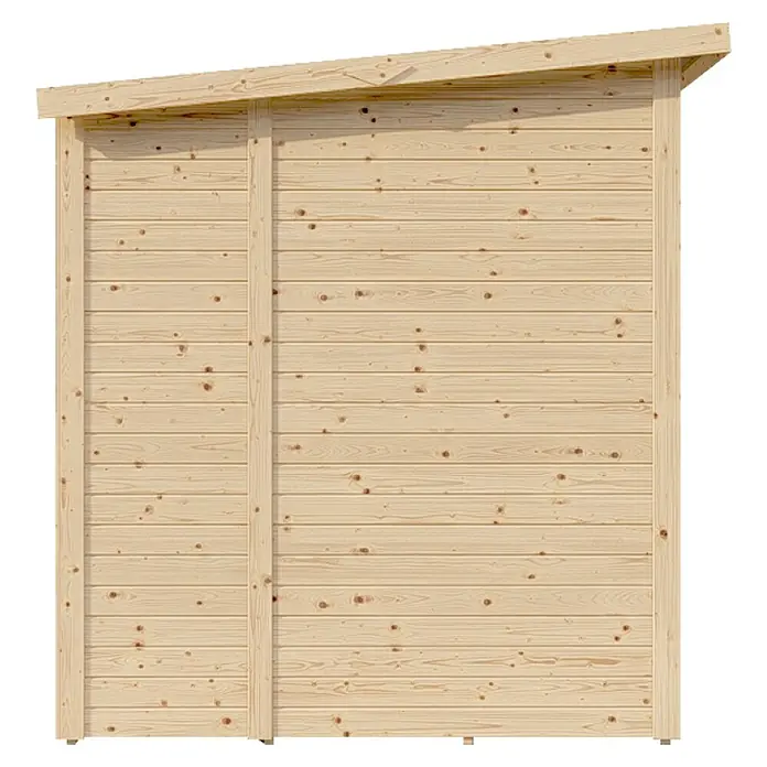 Bertilo Gerätehaus Amrum 2 Plus - Außenmaß inkl. Dachüberstand (B x T): 334 x 199 cm, Holz, Natur - Eine Nahaufnahme einer Holzwand mit horizontalen Brettern, Teil eines Holzschuppens oder einer Gartenstruktur. Die Holzmaserung und die Konstruktion sind sichtbar.