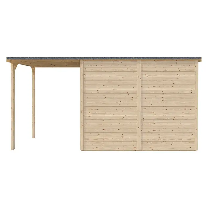 Bertilo Gerätehaus Amrum 3 Plus - Außenmaß inkl. Dachüberstand (B x T): 415 x 199 cm, Holz, Natur - Eine Nahaufnahme einer modernen Holzgarage mit Flachdach und Holzverkleidung, die eine schlichte und funktionale Bauweise zeigt.