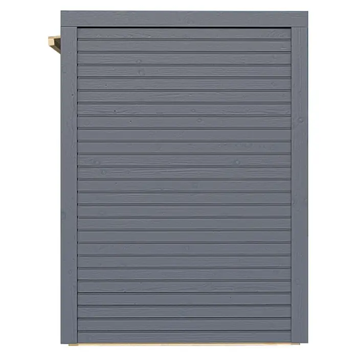 Bertilo Geräteschrank - Anthrazitgrau - Ansicht einer grauen Holzwand mit horizontalen Brettern und einem Rahmen. Das Produkt zeichnet sich durch eine glatte Oberfläche aus.