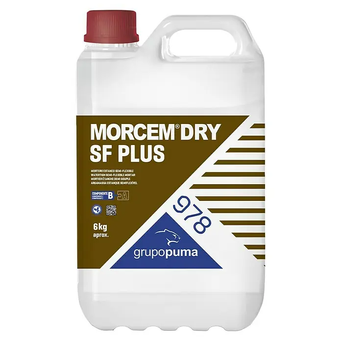 Grupo Puma Mortero de impermeabilización Morcem Dry SF Plus - Masa neta: 20 kg, 1 mm - Imagen de un envase de MORCEM DRY SF PLUS, un mortero semi-flexible impermeable para construcción de grupopuma.
