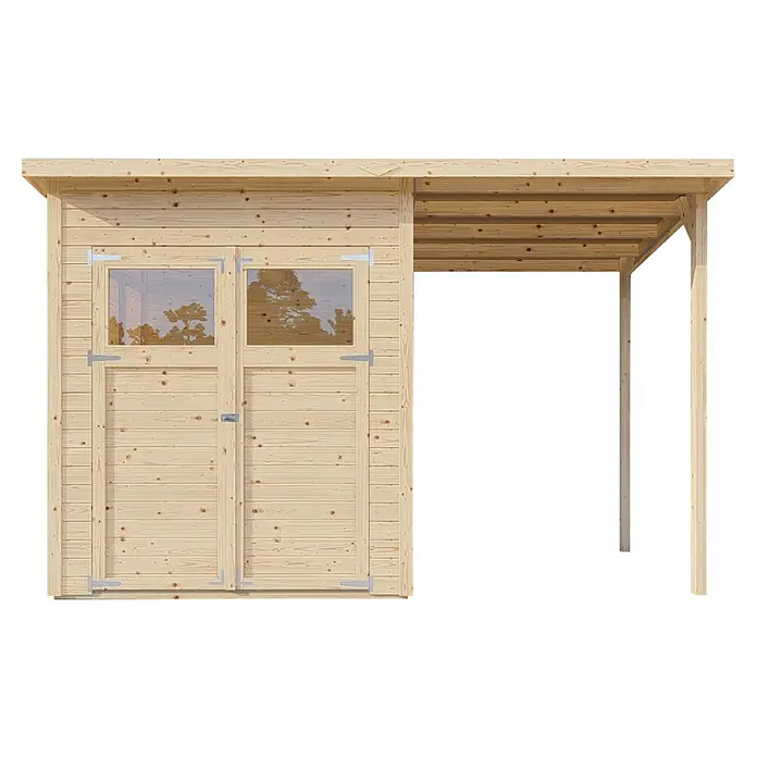 Bertilo Gerätehaus Amrum 2 Plus - Außenmaß inkl. Dachüberstand (B x T): 334 x 199 cm, Holz, Natur - Abbildung eines Holzschuppens mit zwei Fenstern und einer überdachten Veranda. Das Holz ist hell und naturbelassen.