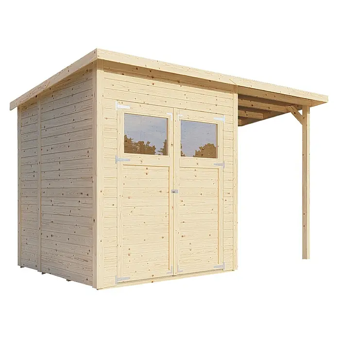 Bertilo Gerätehaus Amrum 2 Plus - Außenmaß inkl. Dachüberstand (B x T): 334 x 199 cm, Holz, Natur - Gartenhaus aus Holz mit Doppeltür, Fenstern und einem kleinen Vordach bietet praktischen Stauraum im Freien.