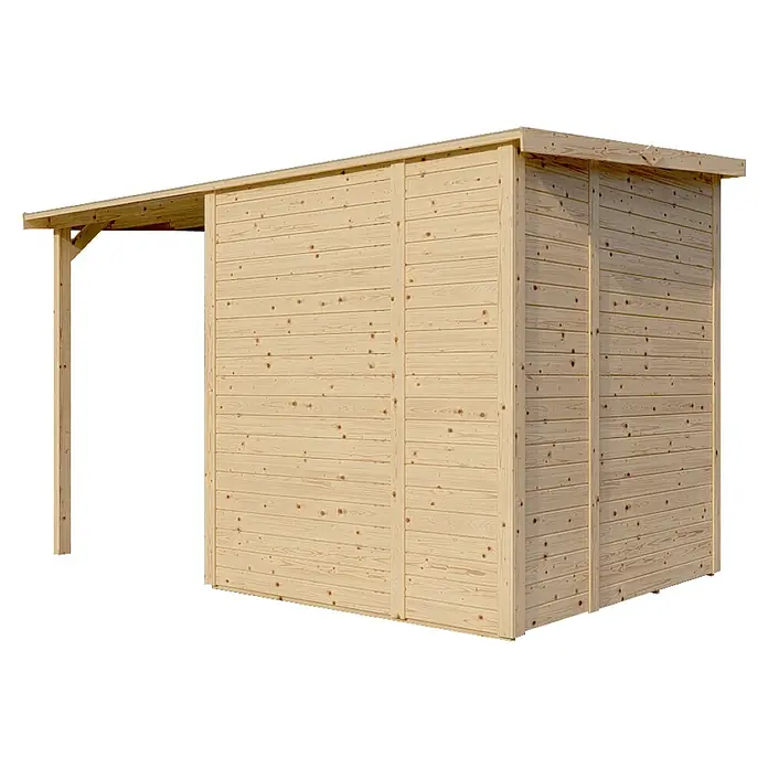 Bertilo Gerätehaus Amrum 2 Plus - Außenmaß inkl. Dachüberstand (B x T): 334 x 199 cm, Holz, Natur - Ein detailreiches Bild eines Holzschuppens, der sich durch seine natürliche Holzfarbe und robuste Bauweise auszeichnet.